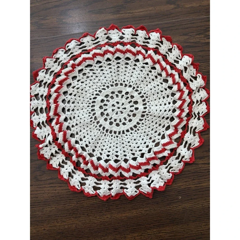Vintage Red White Crochet Doily 11